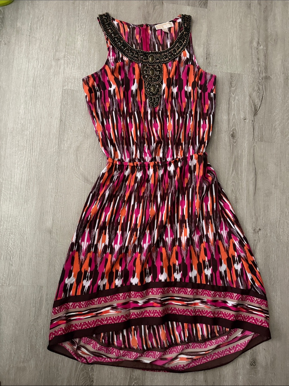 Michael Kors Beaded Neckline Sleeveless Patterned Dress - Pink & Orange